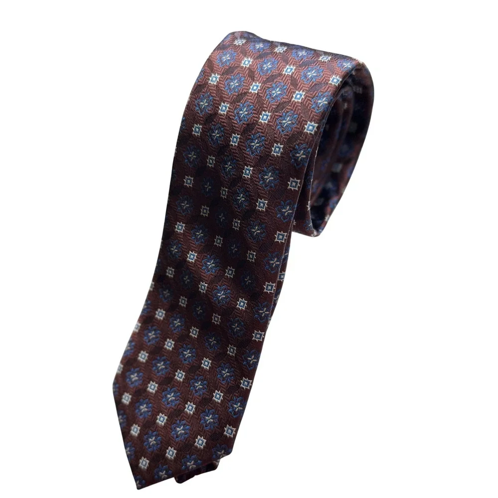 Bruno Piattelli Necktie Men One Size Burgundy Blue Geometric Floral Silk Tie
